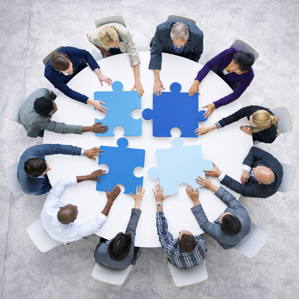 Overhead view of a diverse team collaborating around a round table, assembling blue puzzle pieces.